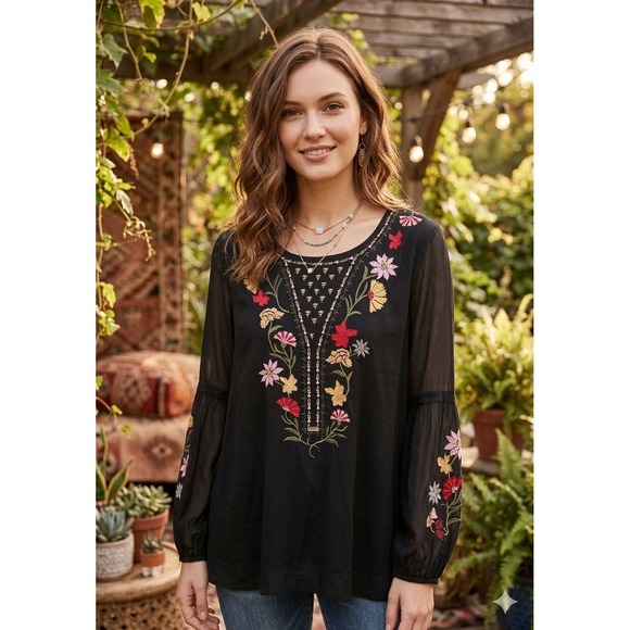Style & Co Tops - Style‎ & Co Womens XL Black Floral Embroidered Mesh Boho Bell Sleeve Top Blouse
